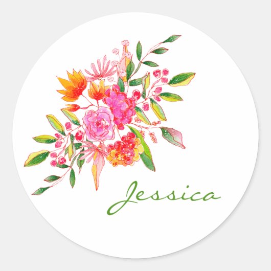 Kleurrijke roze Waterverf Floral Art op maat gemaa Ronde Sticker (Voorkant)