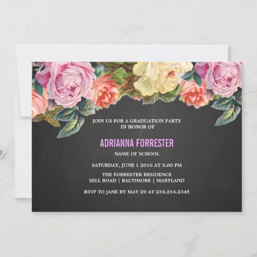  kleurrijke Rozen Chalkboard Graduparty Kaart (Voorkant)