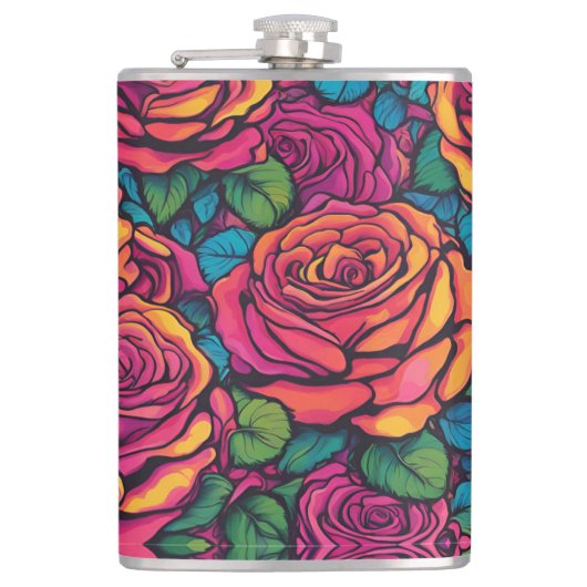 Kleurrijke Rozen Psychedelic Bright Flowers Retro Heupfles (Voorkant)