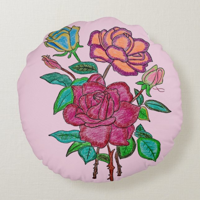Kleurrijke Rozen Ronde Kussen (Achterkant)
