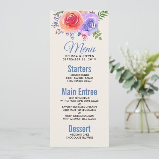 Kleurrijke Rozen Waterverf Bloemen Bruiloft Menu Kaart (Staand voorkant)