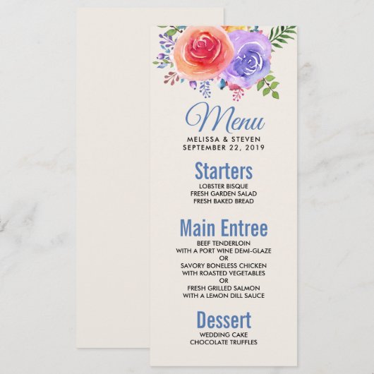 Kleurrijke Rozen Waterverf Bloemen Bruiloft Menu Kaart (Voorkant / Achterkant)