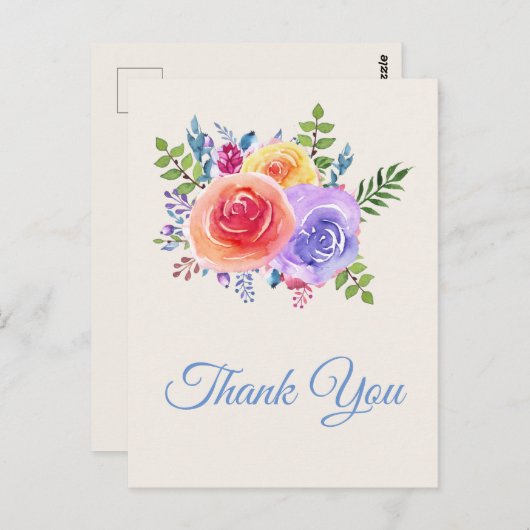 Kleurrijke Rozen Waterverf Bloemen Dank u Briefkaart (Voorkant / Achterkant)