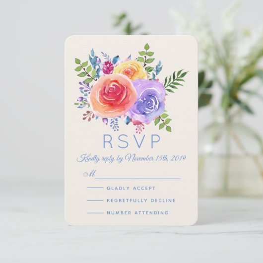 Kleurrijke Rozen Waterverf Bloemenbruiloft RSVP (Staand voorkant)