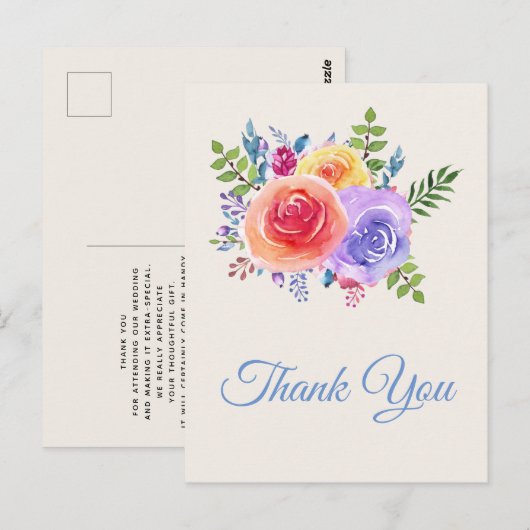Kleurrijke rozen waterverf bloemstuk dank je wel briefkaart (Voorkant / Achterkant)