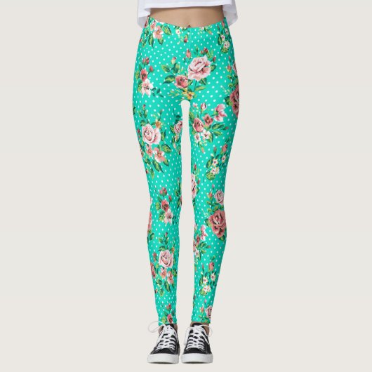 Kleurrijke Rozen Witte Polka stippen Leggings (Voorkant)