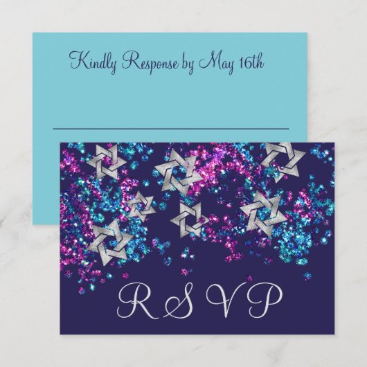 Kleurrijke RSVP Silver Star Glittery Confetti Kaartje (Voorkant / Achterkant)