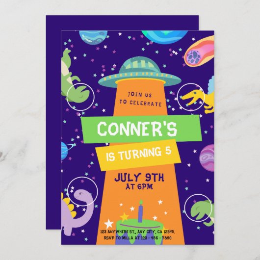 Kleurrijke ruimte en Dinosaurussen Verjaardagsvier Kaart (Voorkant / Achterkant)