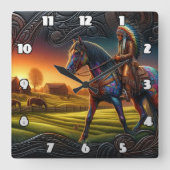 Kleurrijke ruiter in een levendig zonsonderganglan vierkante klok (Voorkant)