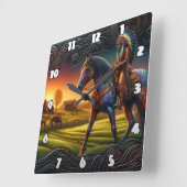 Kleurrijke ruiter in een levendig zonsonderganglan vierkante klok (Hoek)