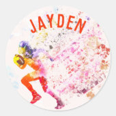 Kleurrijke Running Football Player Art Custom Name Ronde Sticker (Voorkant)