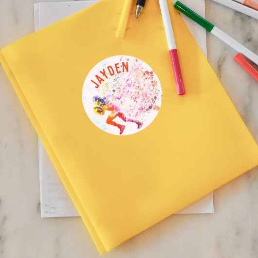 Kleurrijke Running Football Player Art Custom Name Ronde Sticker