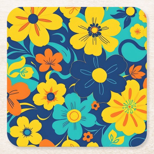 Kleurrijke Rush Blooms-Dopamine Style-Retro Bloeme Kartonnen Onderzetters (Voorkant)