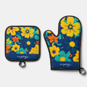 Kleurrijke Rush Blooms-Dopamine Style-Retro Bloeme Ovenwant & Pannenlap Set (Voorkant)