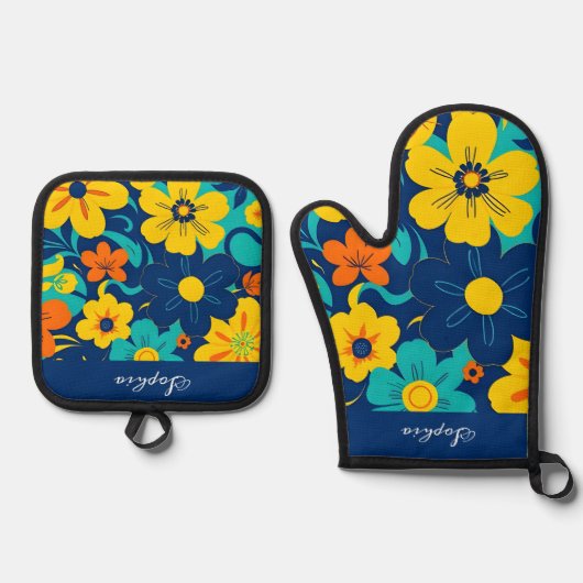 Kleurrijke Rush Blooms-Dopamine Style-Retro Bloeme Ovenwant & Pannenlap Set (Voorkant)