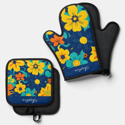 Kleurrijke Rush Blooms-Dopamine Style-Retro Bloeme Ovenwant & Pannenlap Set (Voorkant / Achterkant)