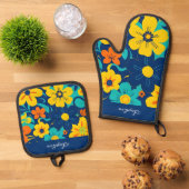 Kleurrijke Rush Blooms-Dopamine Style-Retro Bloeme Ovenwant & Pannenlap Set (Top down)