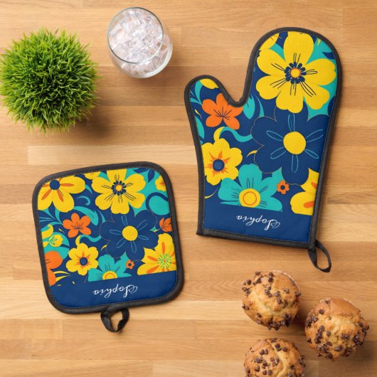 Kleurrijke Rush Blooms-Dopamine Style-Retro Bloeme Ovenwant & Pannenlap Set (Top down)