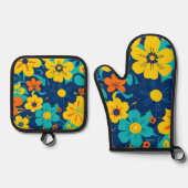 Kleurrijke Rush Blooms-Dopamine Style-Retro Bloeme Ovenwant & Pannenlap Set (Voorkant)