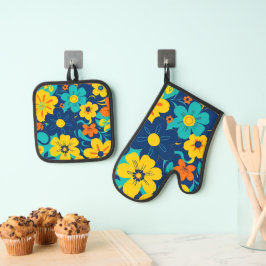 Kleurrijke Rush Blooms-Dopamine Style-Retro Bloeme Ovenwant & Pannenlap Set