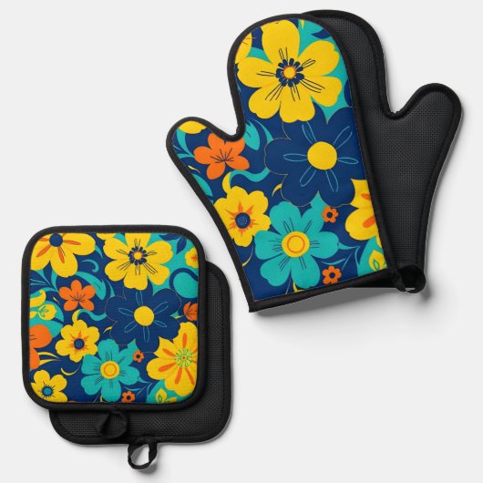 Kleurrijke Rush Blooms-Dopamine Style-Retro Bloeme Ovenwant & Pannenlap Set (Voorkant / Achterkant)