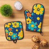 Kleurrijke Rush Blooms-Dopamine Style-Retro Bloeme Ovenwant & Pannenlap Set (Top down)