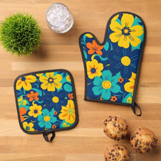 Kleurrijke Rush Blooms-Dopamine Style-Retro Bloeme Ovenwant & Pannenlap Set (Top down)