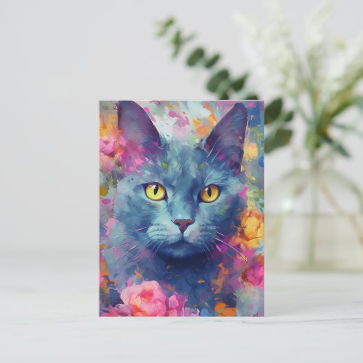 Kleurrijke Russische Blauwe kat Briefkaart (Staand voorkant)