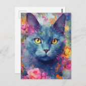 Kleurrijke Russische Blauwe kat Briefkaart (Voorkant / Achterkant)