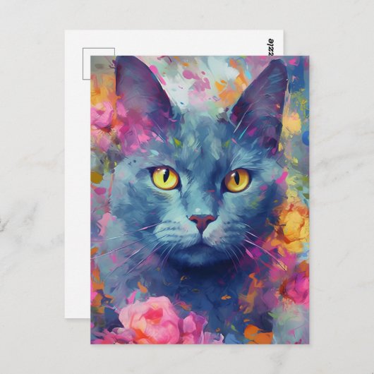 Kleurrijke Russische Blauwe kat Briefkaart (Voorkant / Achterkant)