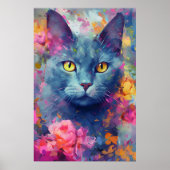 Kleurrijke Russische Blauwe Kat Kunst Poster (Voorkant)