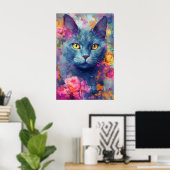 Kleurrijke Russische Blauwe Kat Kunst Poster (Thuiskantoor)