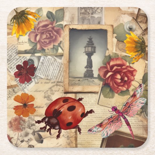 Kleurrijke  Rustiek papier Dragonfly Flowers Kartonnen Onderzetters (Voorkant)