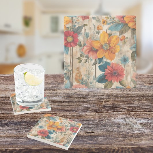 Kleurrijke rustieke bloem stenen onderzetter