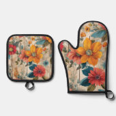 Kleurrijke rustieke bloemen ovenwant & pannenlap set (Voorkant)
