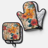 Kleurrijke rustieke bloemen ovenwant & pannenlap set (Voorkant / Achterkant)