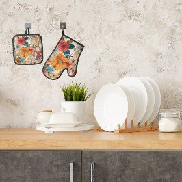 Kleurrijke rustieke bloemen ovenwant & pannenlap set