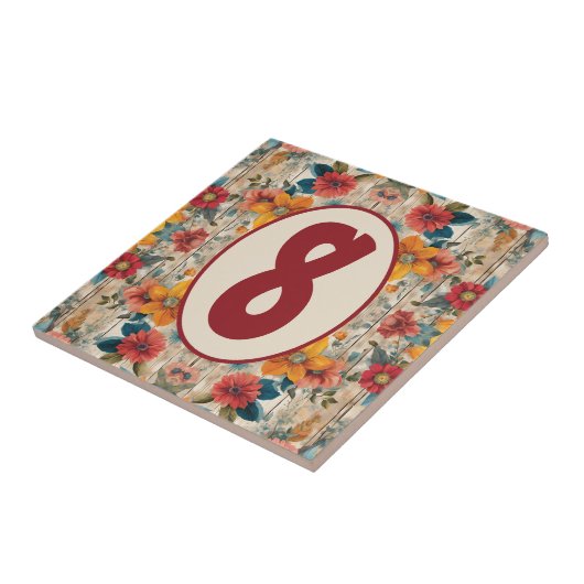 Kleurrijke rustieke bloemen  tegeltje (Zijkant)