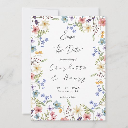 Kleurrijke rustieke botanische wilde bloemen Moder Save The Date (Voorkant)