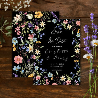 Kleurrijke rustieke botanische wilde bloemen zwart save the date