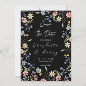 Kleurrijke rustieke botanische wilde bloemen zwart save the date (Voorkant)