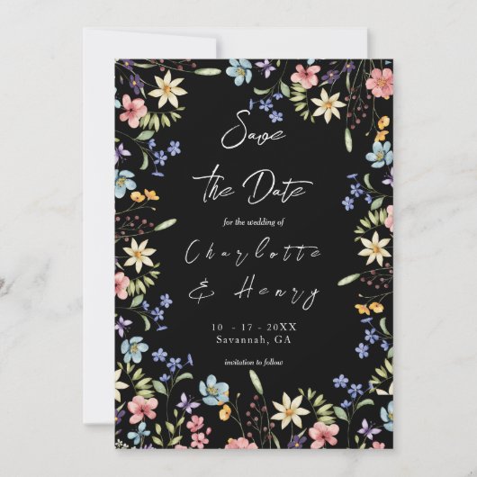 Kleurrijke rustieke botanische wilde bloemen zwart save the date (Voorkant)