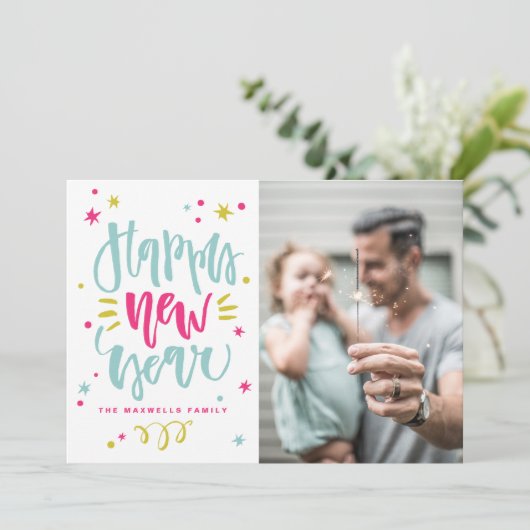 Kleurrijke rustieke kalligrafie foto Gelukkig Nieu Feestdagenkaart (Staand voorkant)