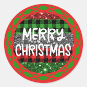 Kleurrijke Rustieke Retro Christmas Plaid & Glitte Ronde Sticker (Voorkant)