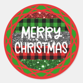 Kleurrijke Rustieke Retro Christmas Plaid & Glitte Ronde Sticker