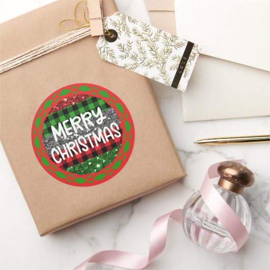 Kleurrijke Rustieke Retro Christmas Plaid & Glitte Ronde Sticker (Geschenken)