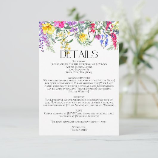 Kleurrijke rustieke wilde bloemen kruiden bruiloft informatiekaartje (Staand voorkant)