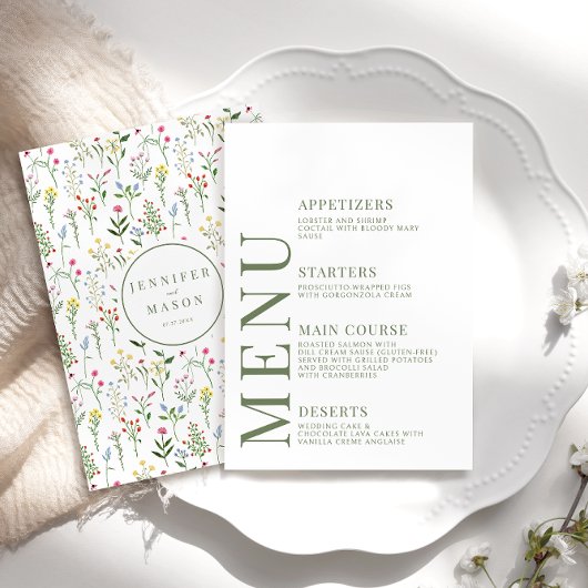 Kleurrijke rustieke wildflower bruiloft menukaarte informatiekaartje