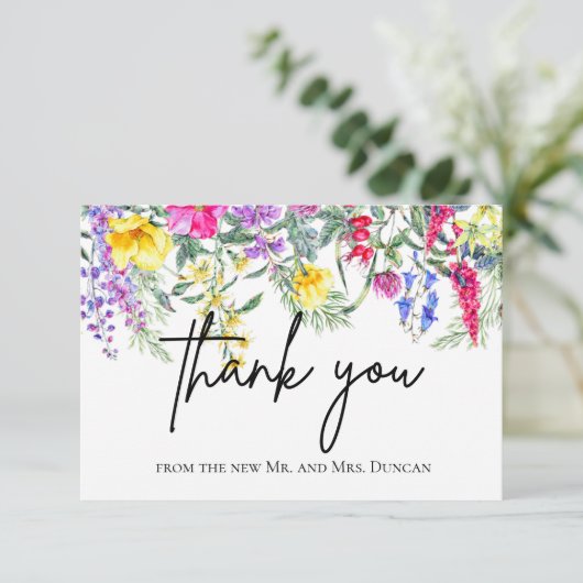 Kleurrijke rustieke Wildflowers Script Dank u kaar Kaart (Staand voorkant)