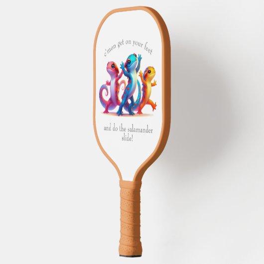Kleurrijke Salamanders doen de Salamander Slide Pickleball Paddle (Links)
